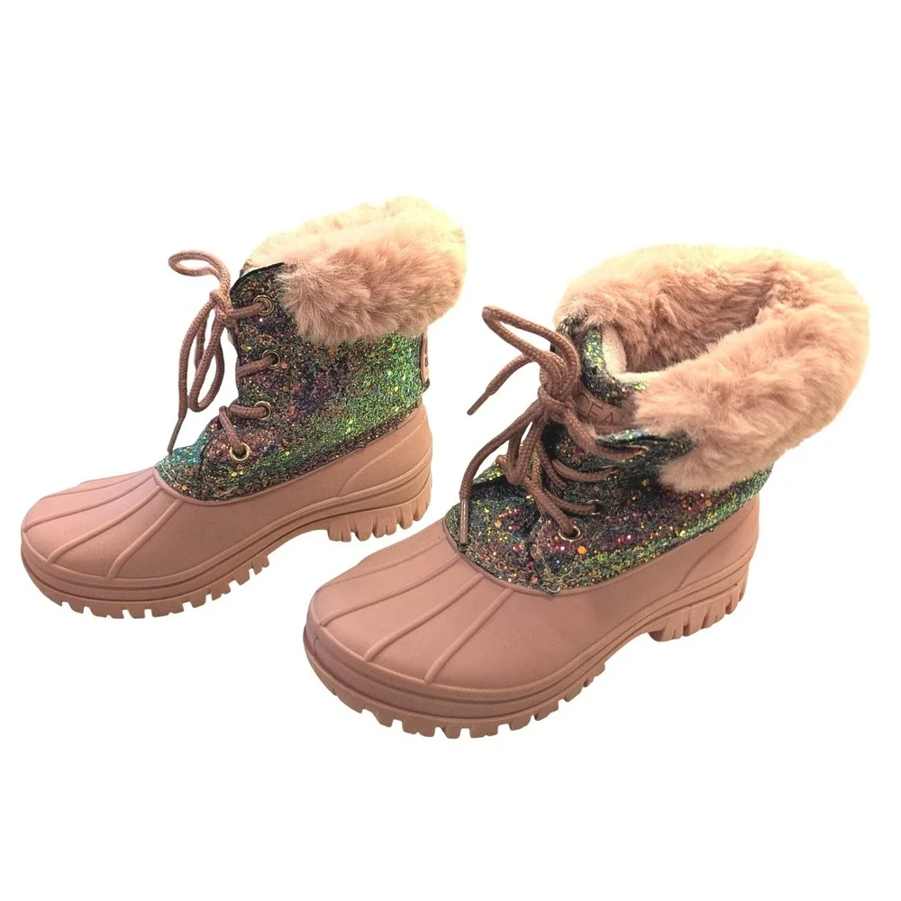 Ocean + Coast Girls Sz 1 Stacey Glitter Boots Faux Fur Duck Pink Winter Sparkle